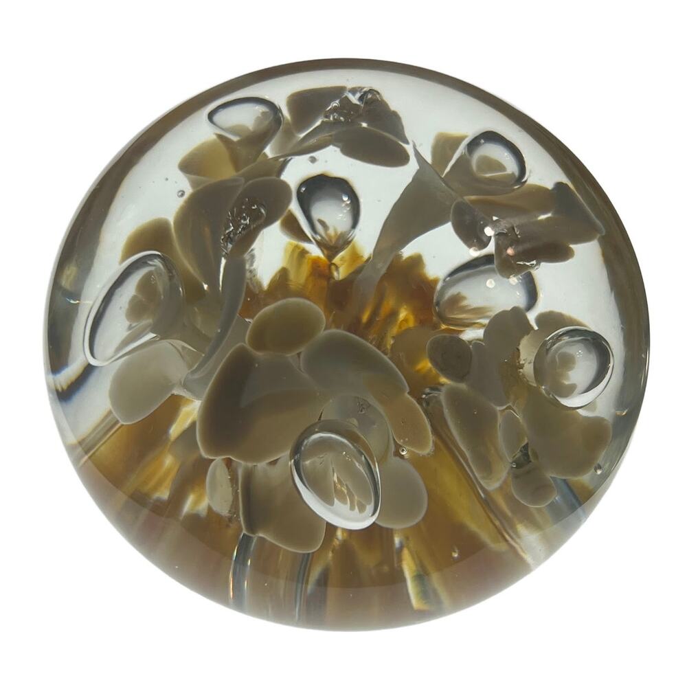 RARE VTG Hand Blown Joe St Clair Controlled Bubbles Gold Flower Paperweight